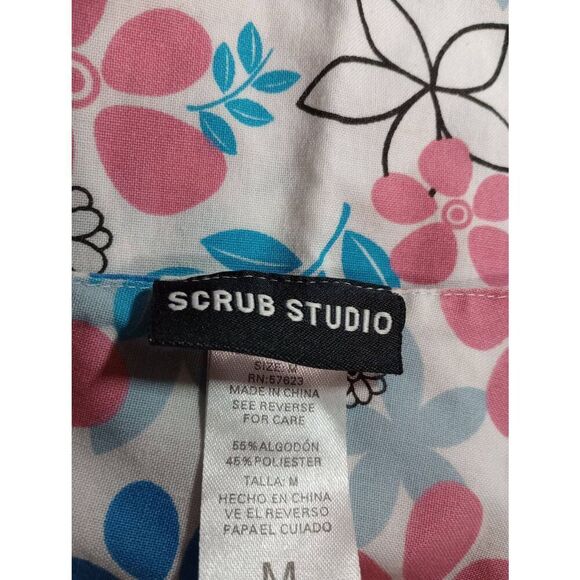 Scrub Studio‎ Shirt Ladies Medium Coral Blue Floral - Picture 5 of 7